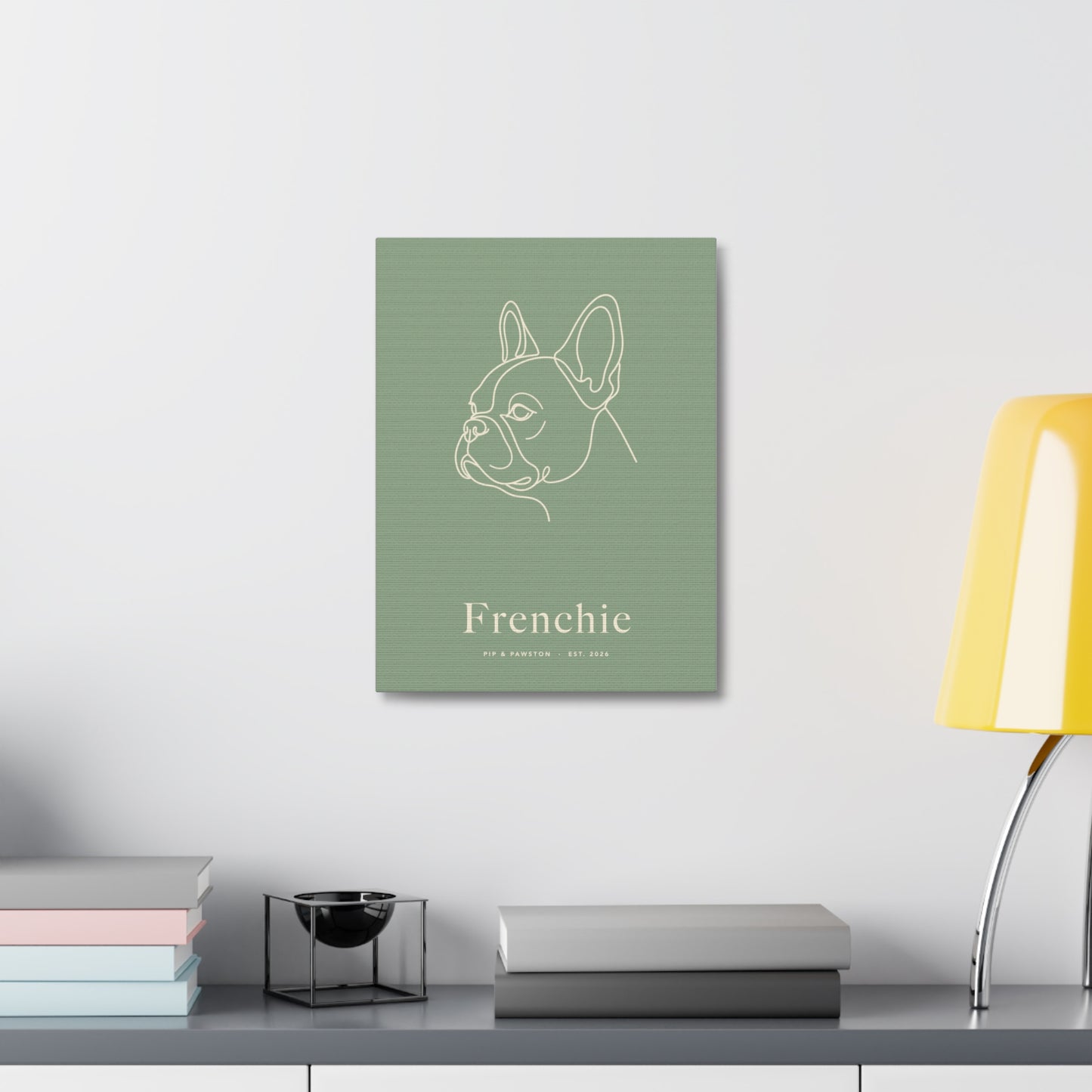 Frenchie Line-Art Canvas with Wordmark - Sage