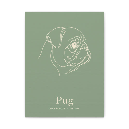 Pug Line-Art Canvas with Wordmark - Sage