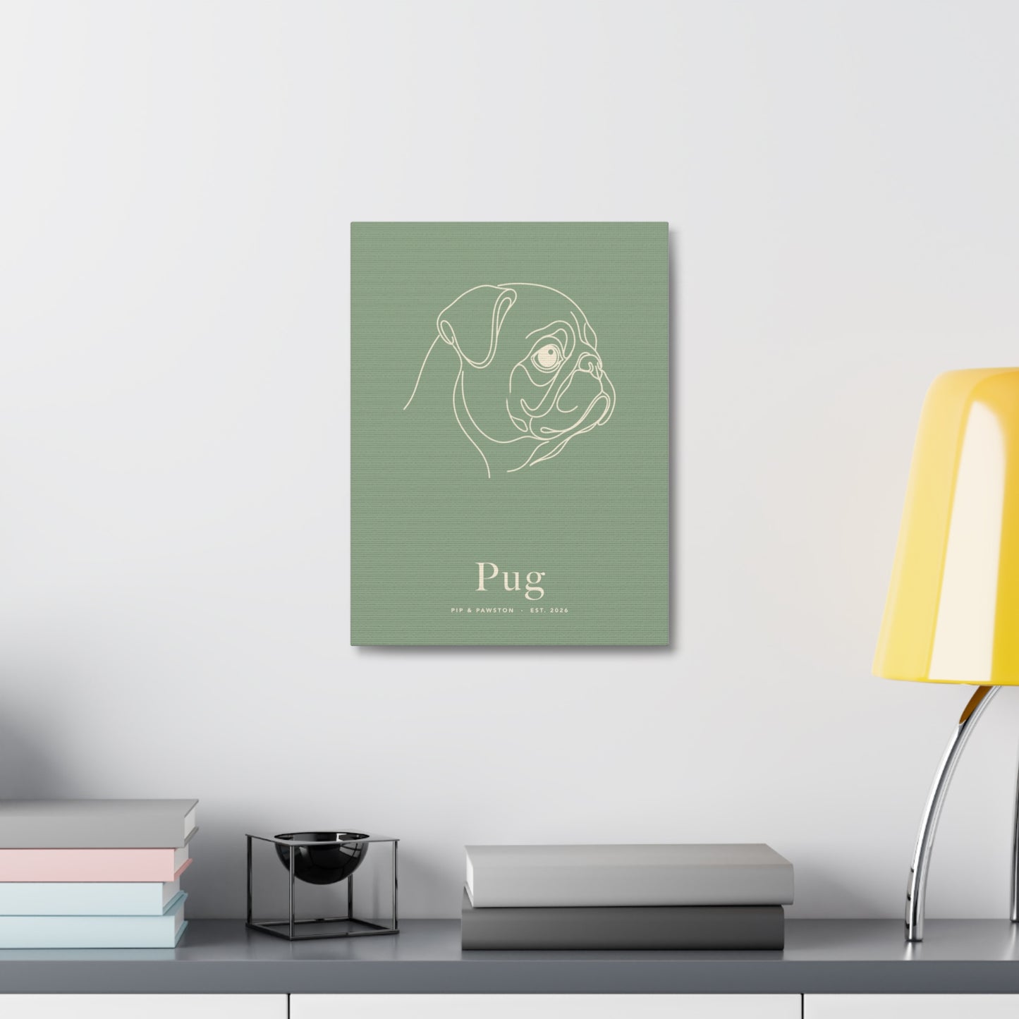Pug Line-Art Canvas with Wordmark - Sage
