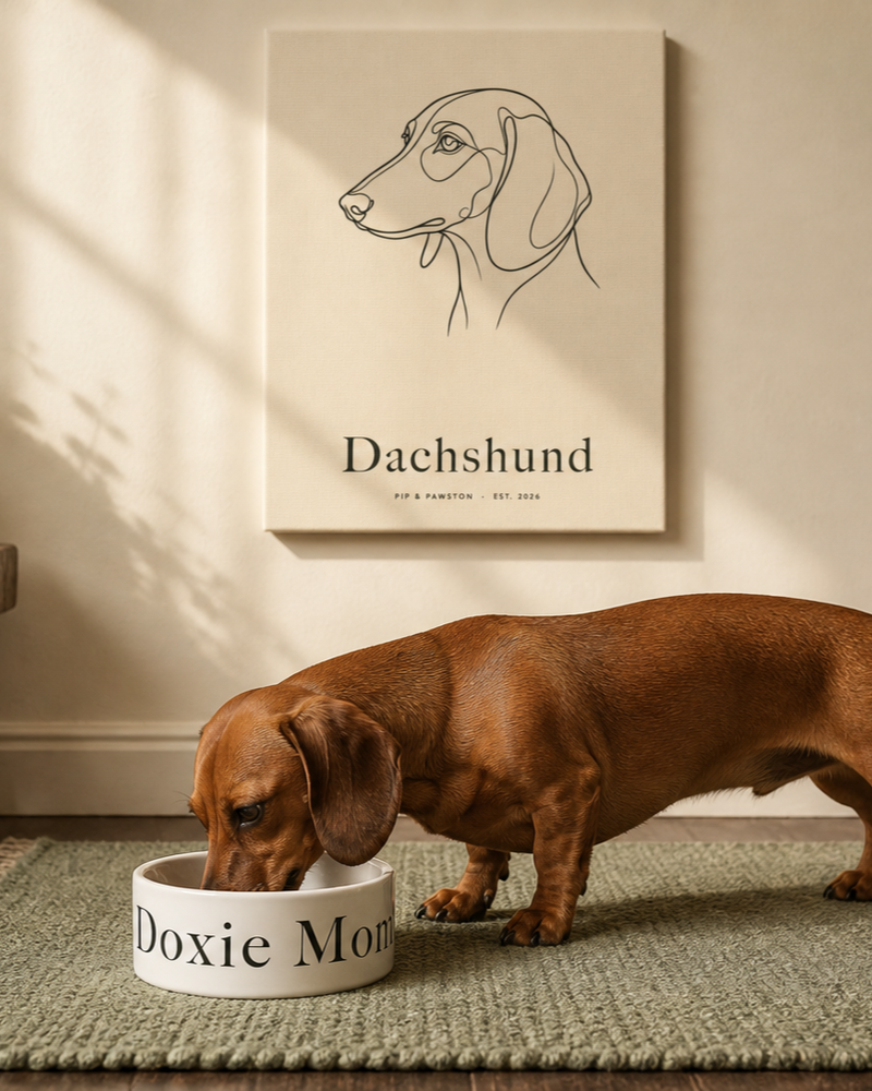 A red miniature dachshund eating from a "Doxie Mom" ceramic bowl on a sage woven rug, with the Pip & Pawston Dachshund line-art canvas hanging on a sunlit cream cottage wall.