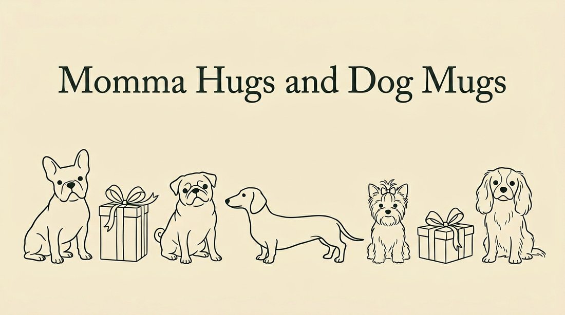 Hand-drawn line-art illustration of small-dog silhouettes interspersed with wrapped presents, beneath the tagline Momma Hugs and Dog Mugs.