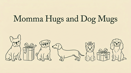 Hand-drawn line-art illustration of small-dog silhouettes interspersed with wrapped presents, beneath the tagline Momma Hugs and Dog Mugs.