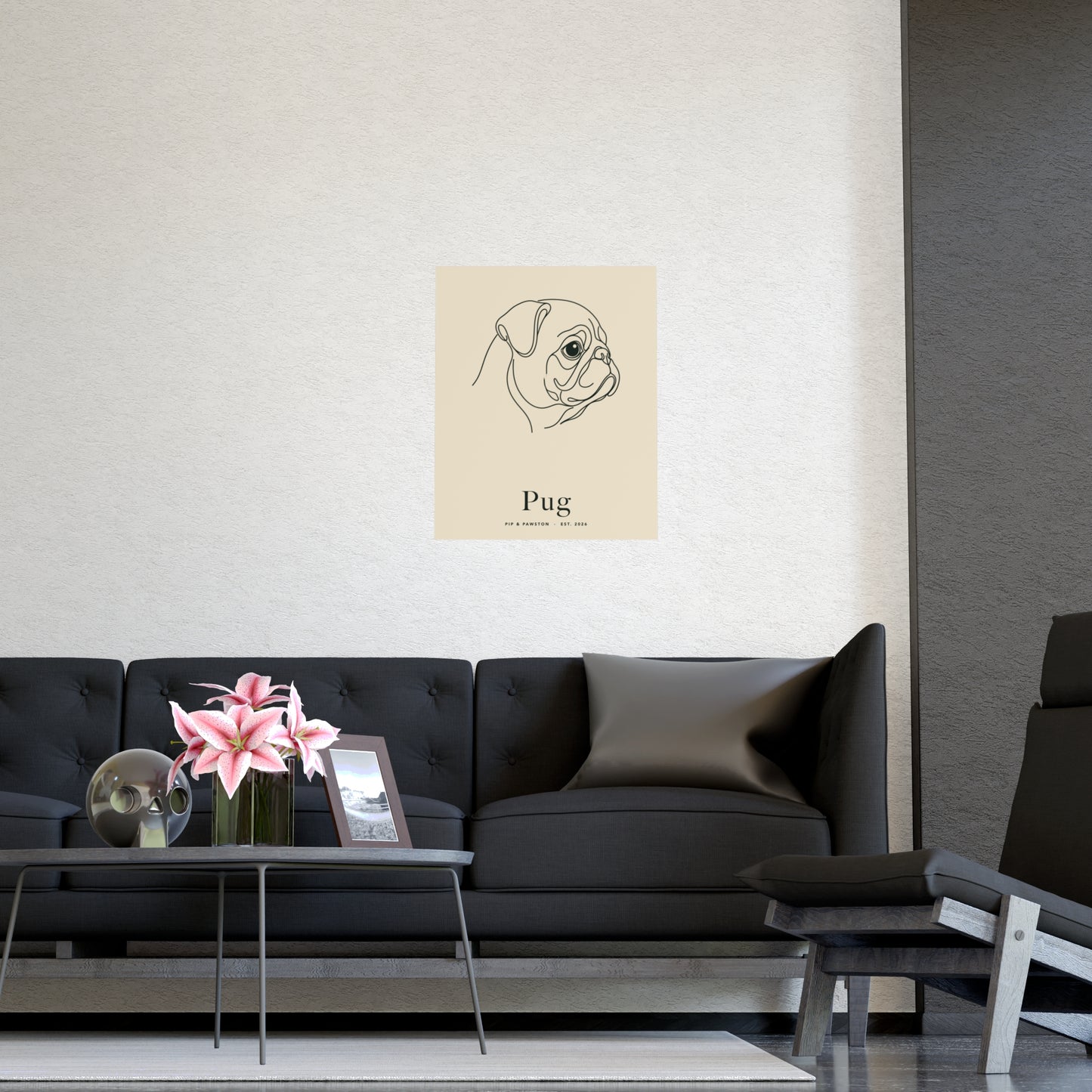 Pug Line-Art Poster with Wordmark - Warm Cream
