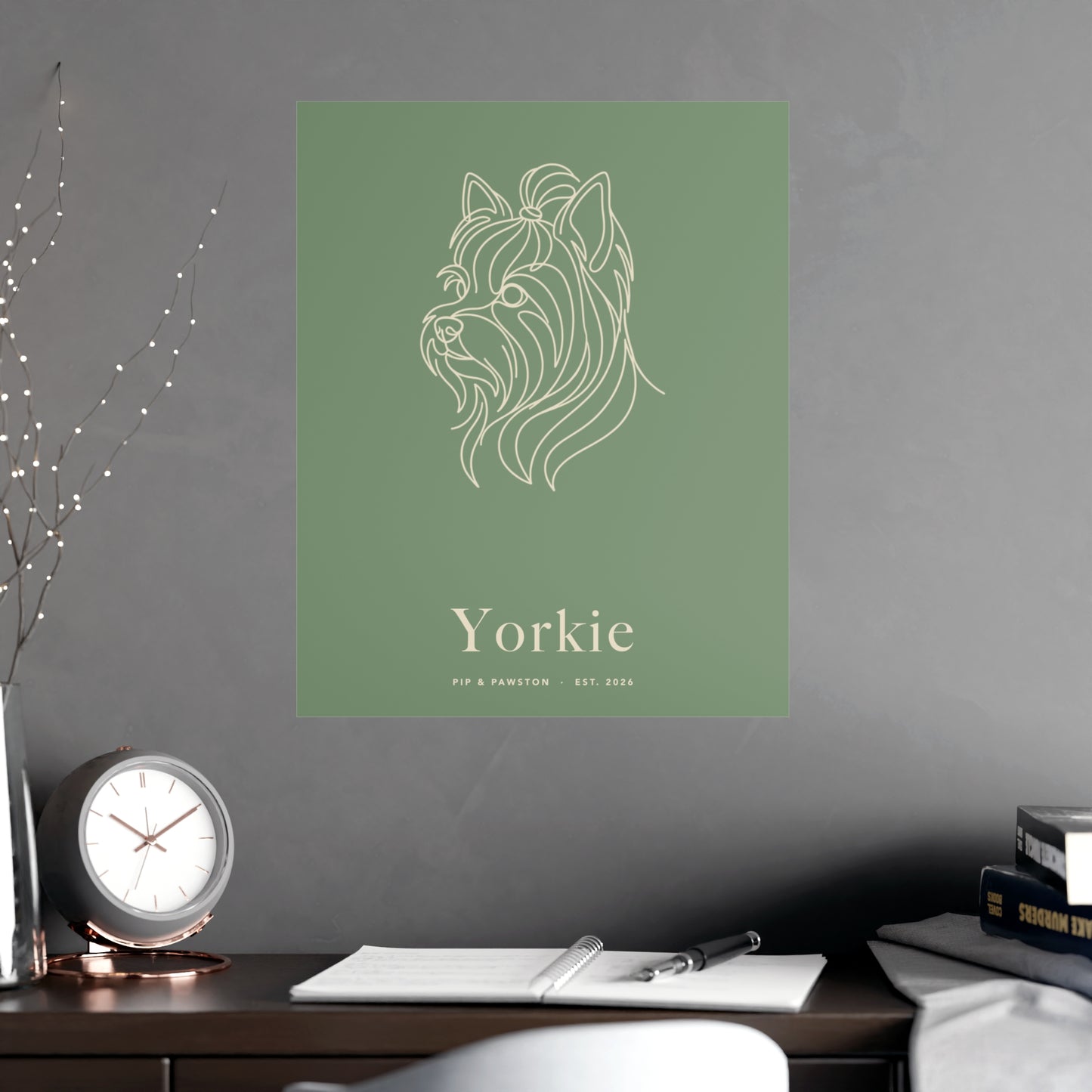 Yorkie Line-Art Poster with Wordmark - Sage