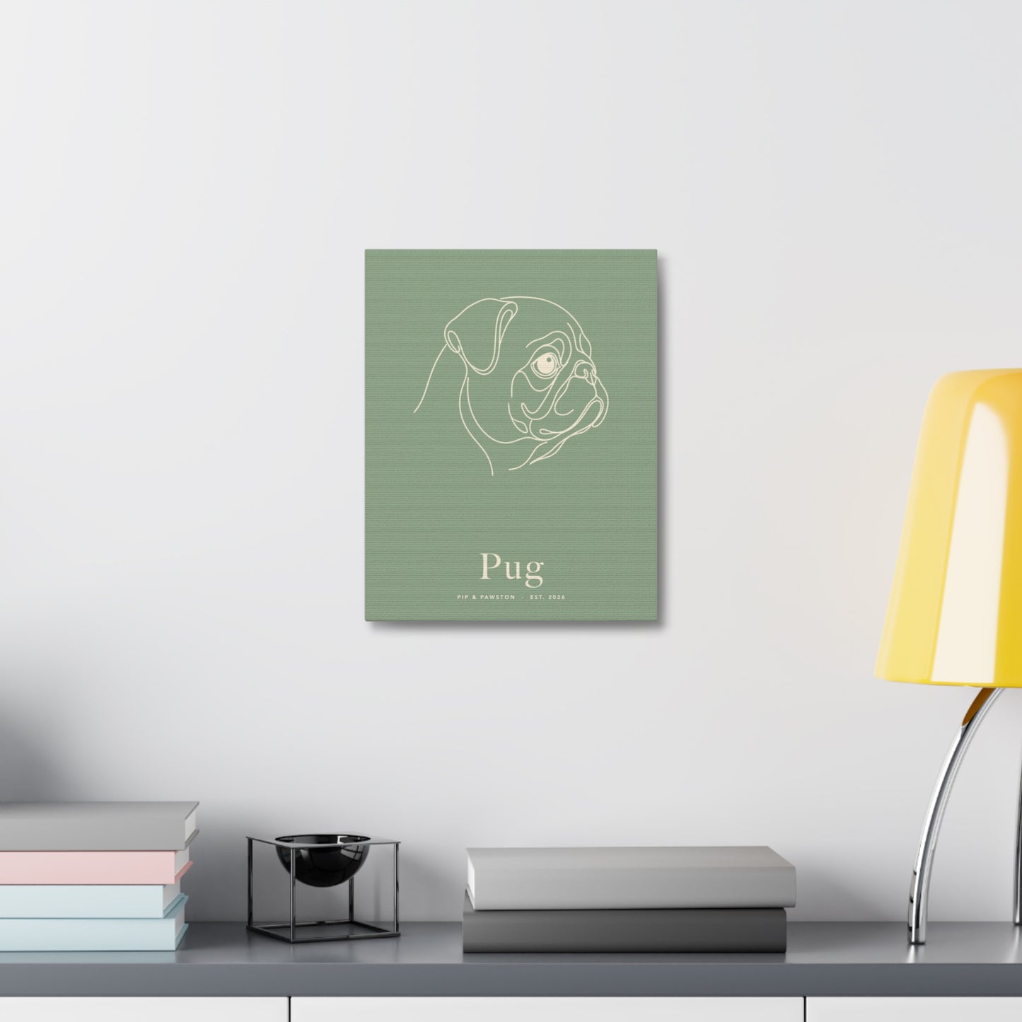 Pug Line-Art Canvas with Wordmark - Sage