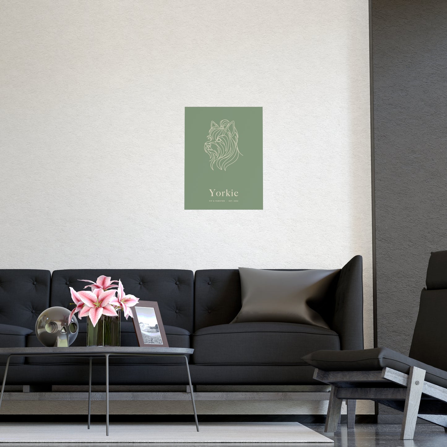 Yorkie Line-Art Poster with Wordmark - Sage