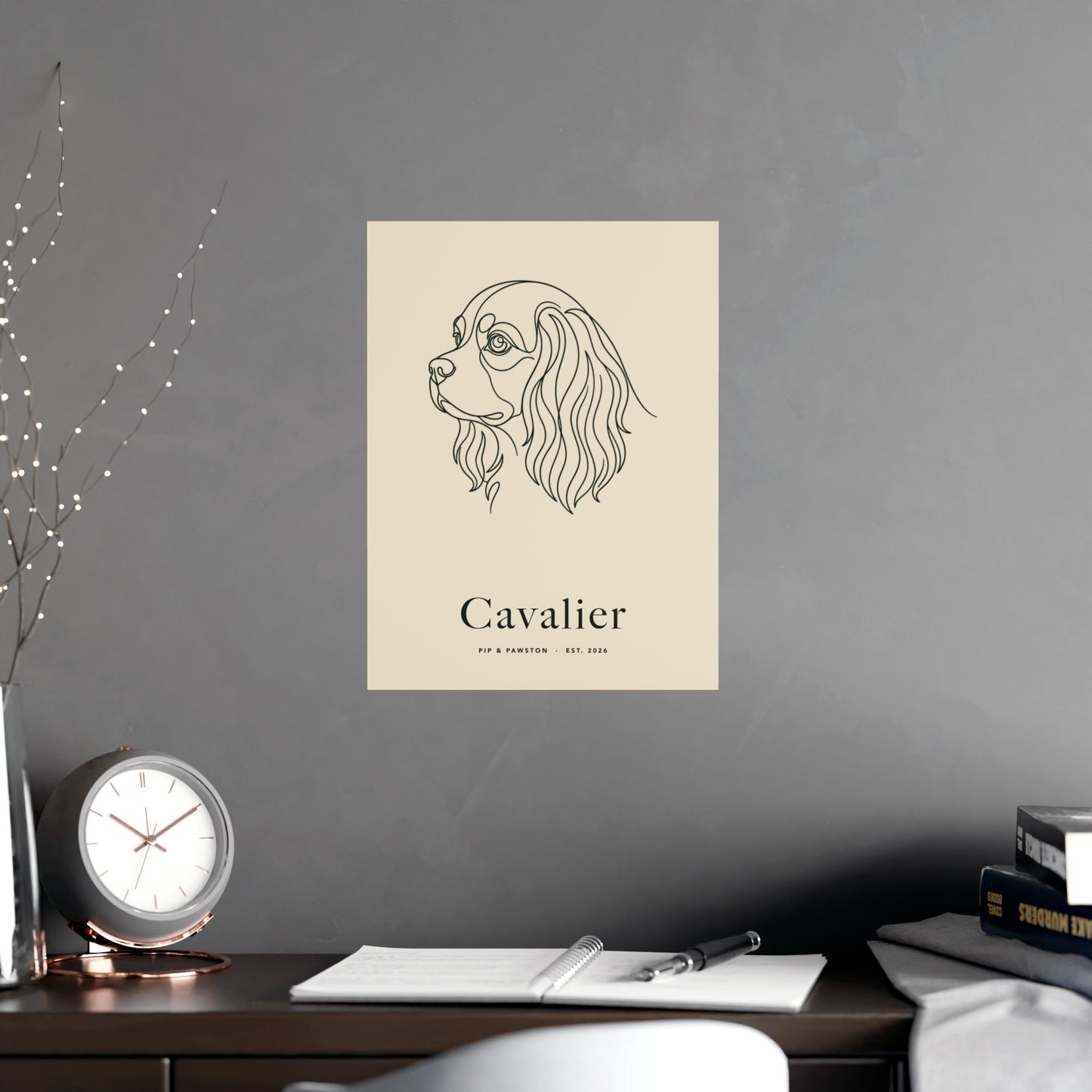 Cavalier Line-Art Poster with Wordmark - Warm Cream