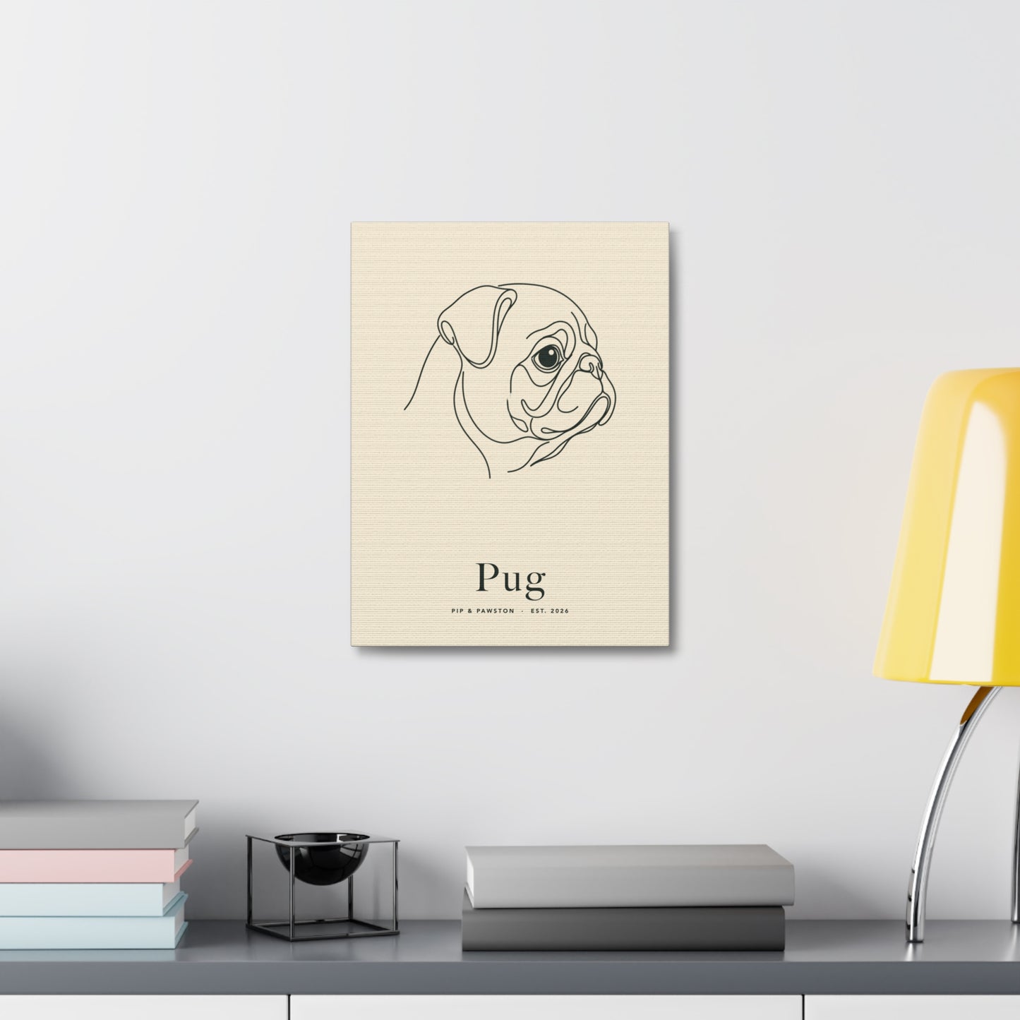 Pug Line-Art Canvas with Wordmark - Warm Cream