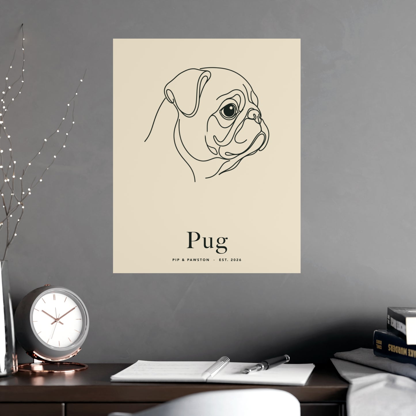 Pug Line-Art Poster with Wordmark - Warm Cream