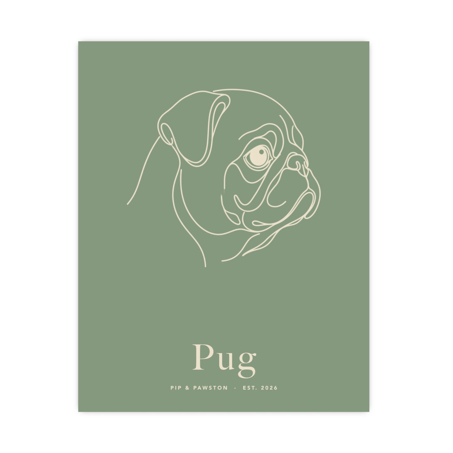 Pug Line-Art Poster with Wordmark - Sage