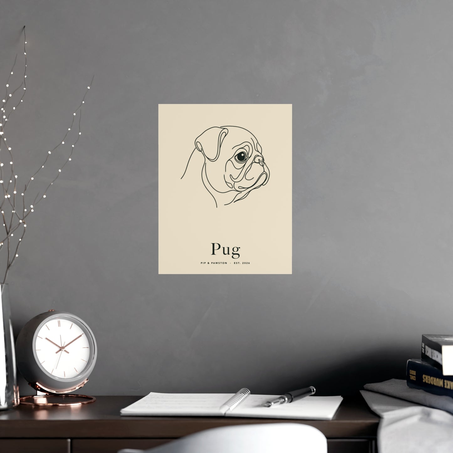 Pug Line-Art Poster with Wordmark - Warm Cream