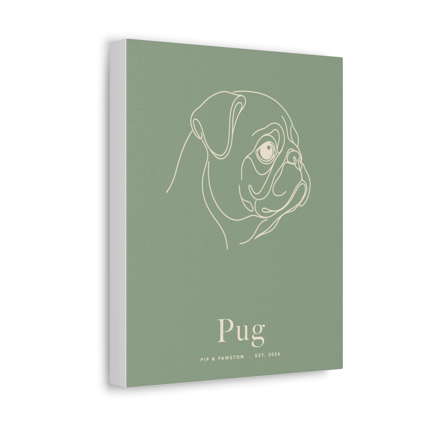 Pug Line-Art Canvas with Wordmark - Sage