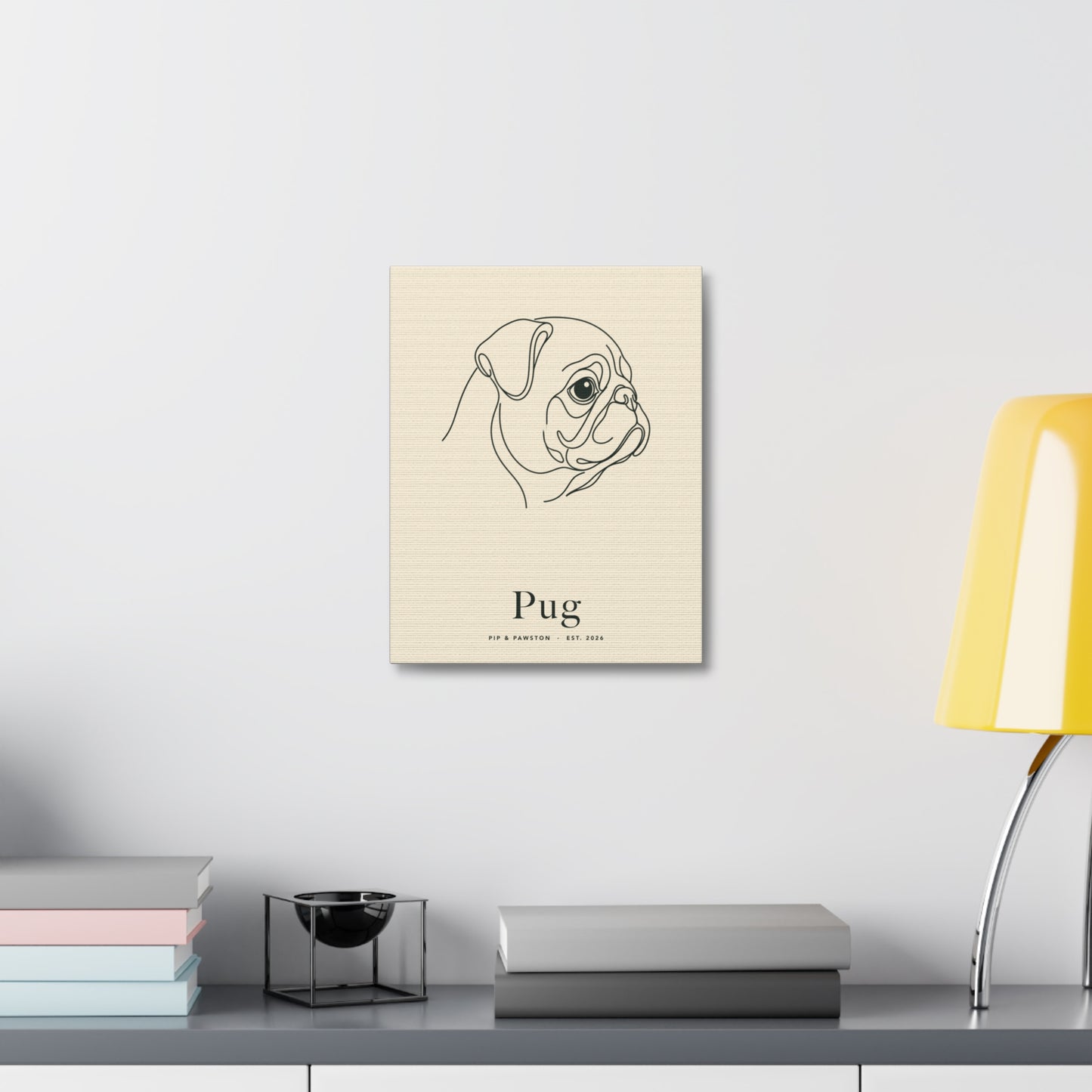 Pug Line-Art Canvas with Wordmark - Warm Cream