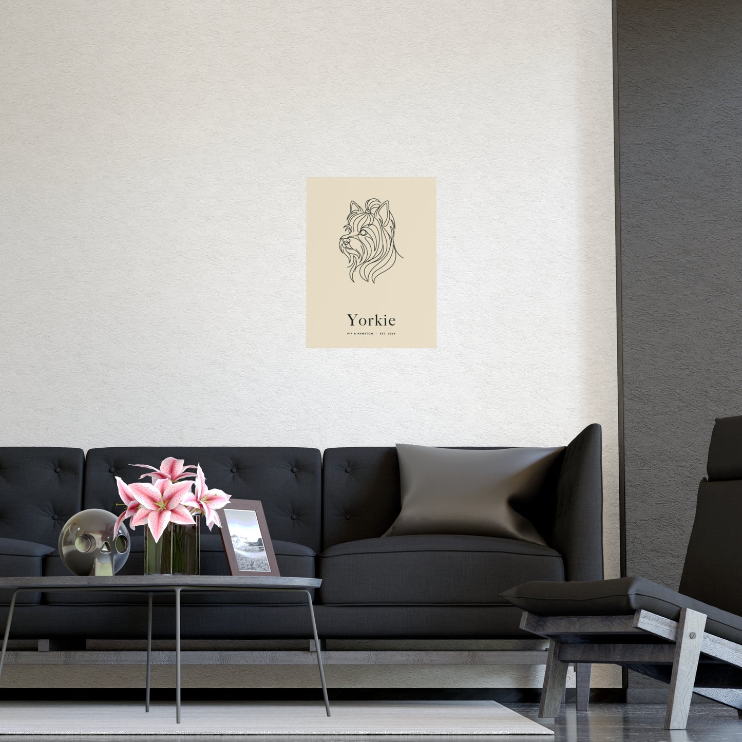 Yorkie Line-Art Poster with Wordmark - Warm Cream