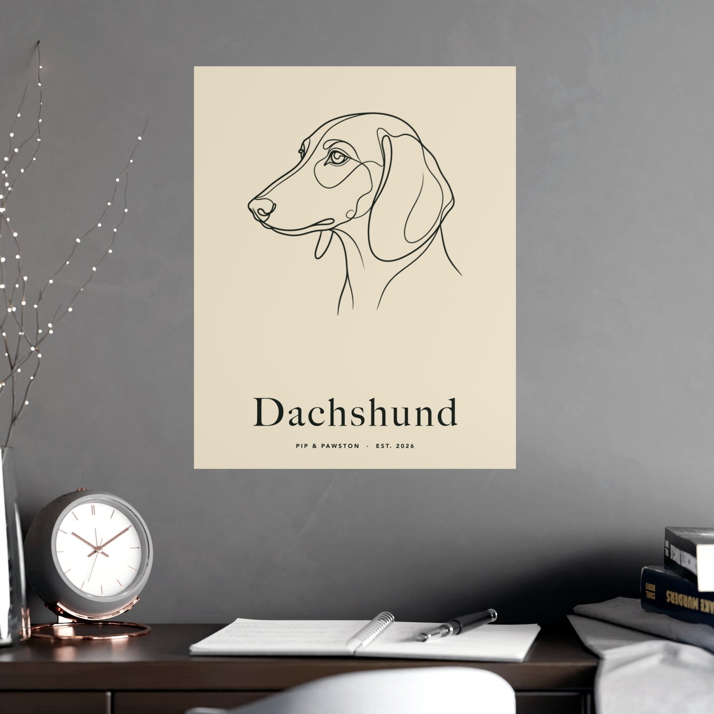 Dachshund Line-Art Poster with Wordmark - Warm Cream