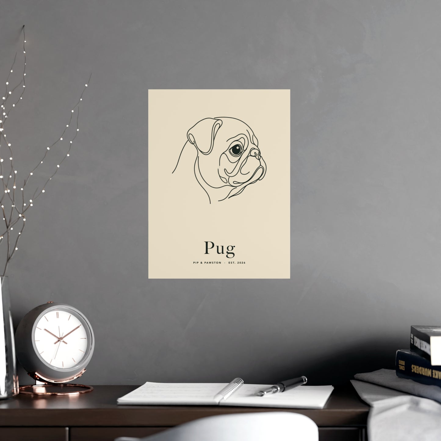 Pug Line-Art Poster with Wordmark - Warm Cream