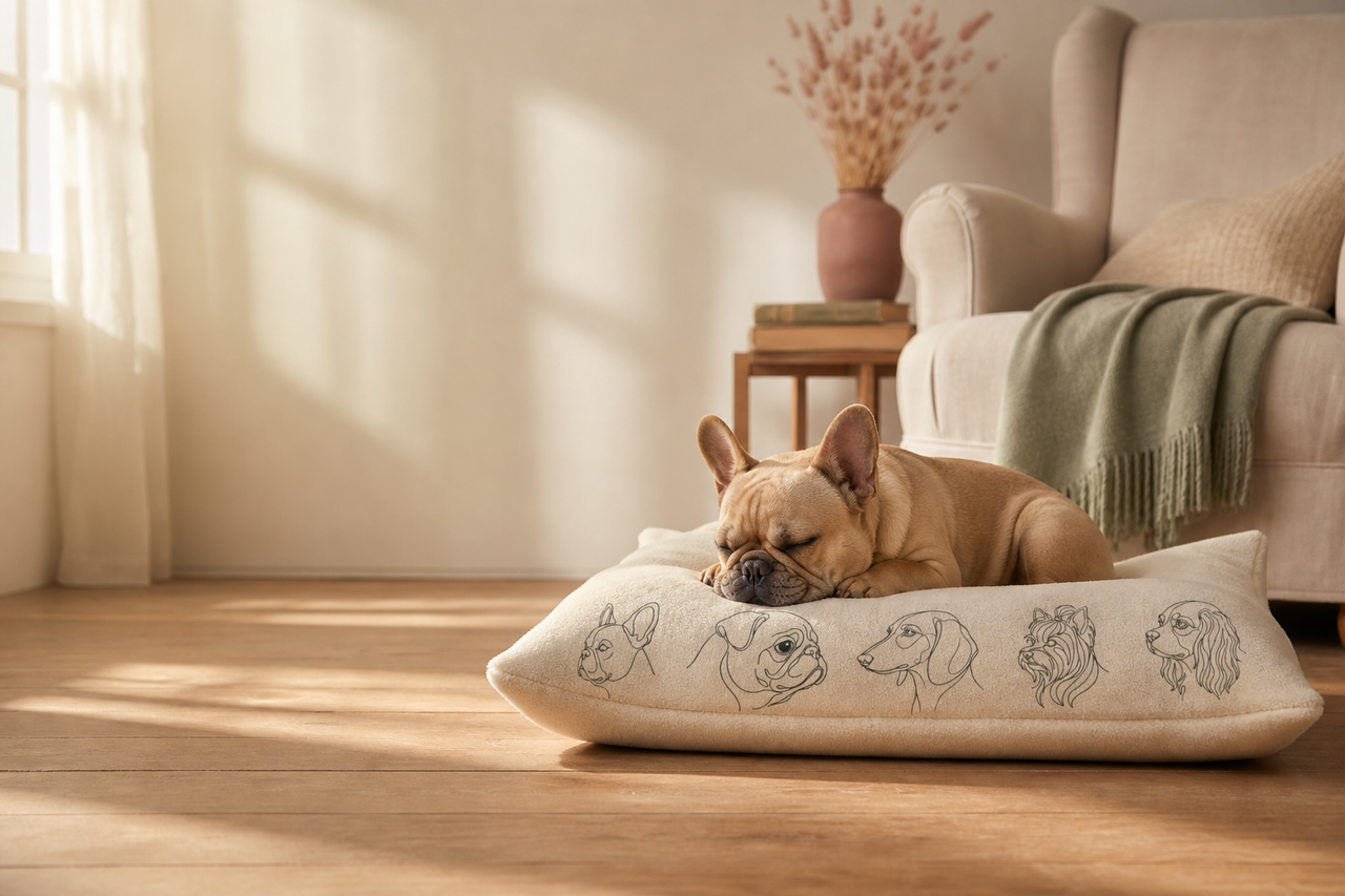 A French Bulldog napping on the Pip & Pawston breed-lineup pet bed in a sunlit cottage living room.